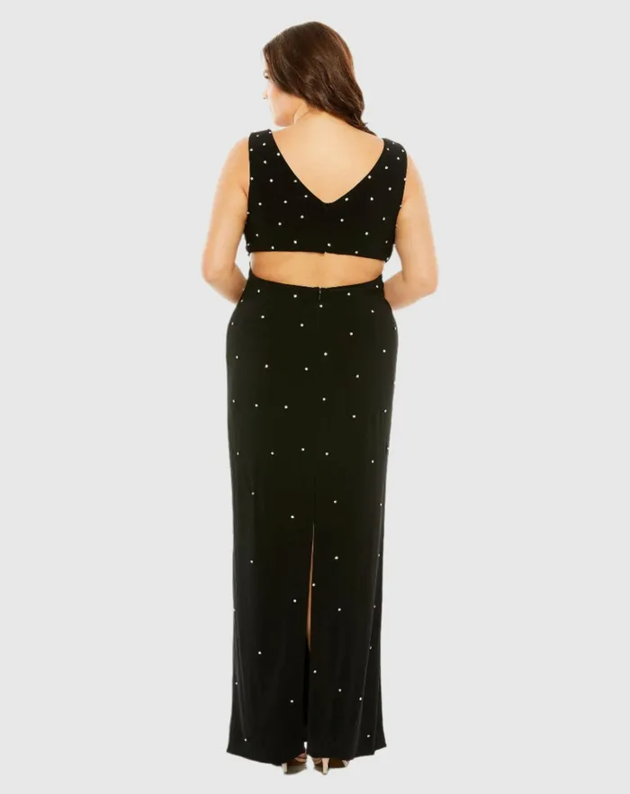 Plus Size Dresses Mac Duggal Women Rhinestone Embellished Open Back Jersey Gown Plus Black