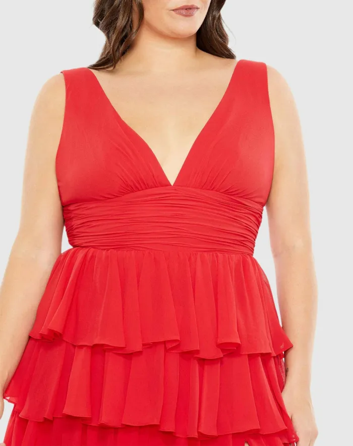 Plus Size Dresses Women Red Ruffle Tiered Sleeveless V Neck Gown Plus Red Mac Duggal