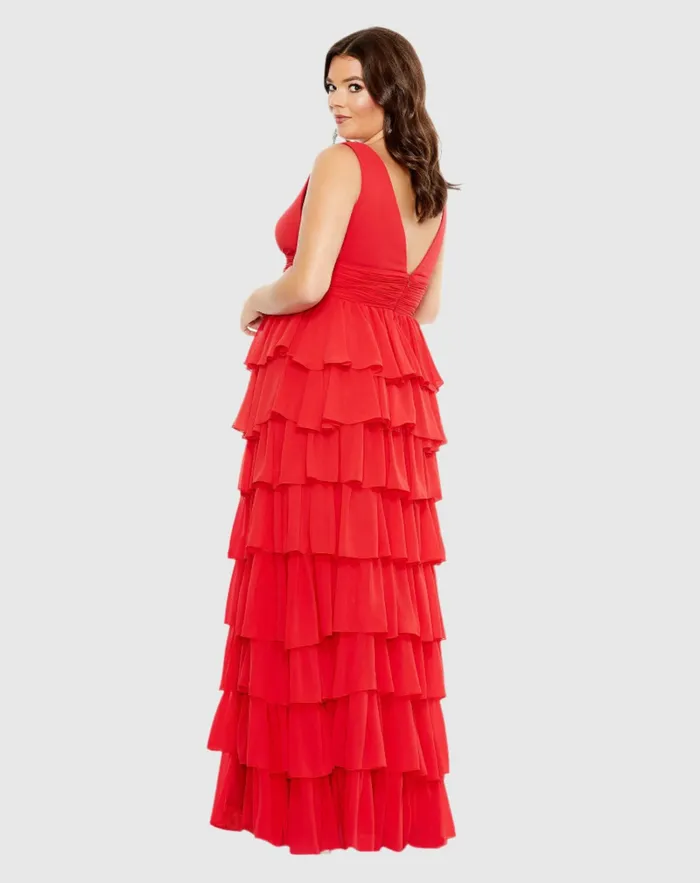 Plus Size Dresses Women Red Ruffle Tiered Sleeveless V Neck Gown Plus Red Mac Duggal
