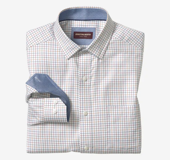 Premium Cotton Shirts White Multi Small Outline Grid Men Shirts Johnston and Murphy