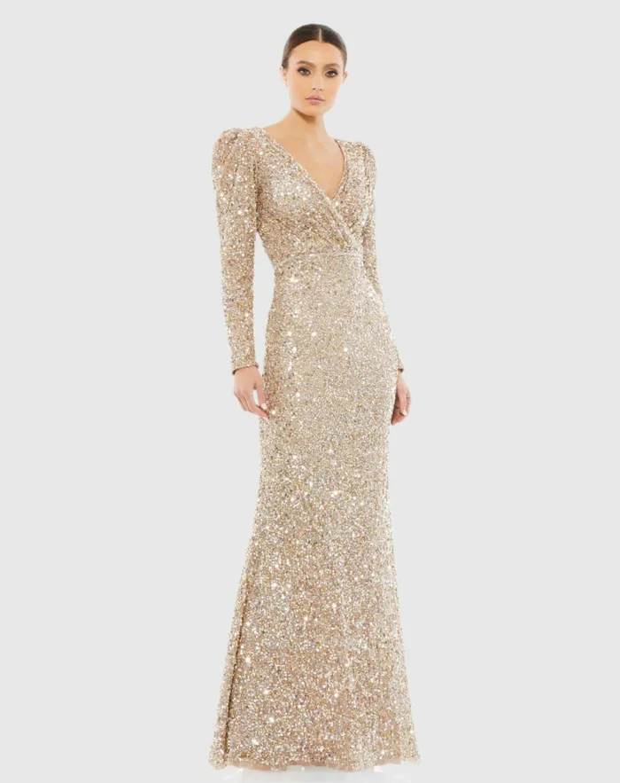 Puff Shoulder Sequined Surplice Gown Shimmering Gold Women Evening Gowns Mac Duggal
