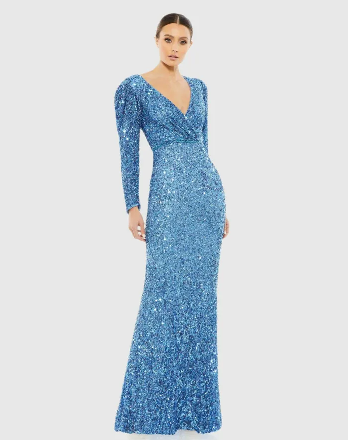 Puff Shoulder Sequined Surplice Gown Shimmering Gold Women Evening Gowns Mac Duggal