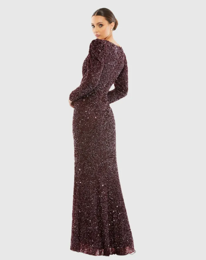 Puff Shoulder Sequined Surplice Gown Shimmering Gold Women Evening Gowns Mac Duggal