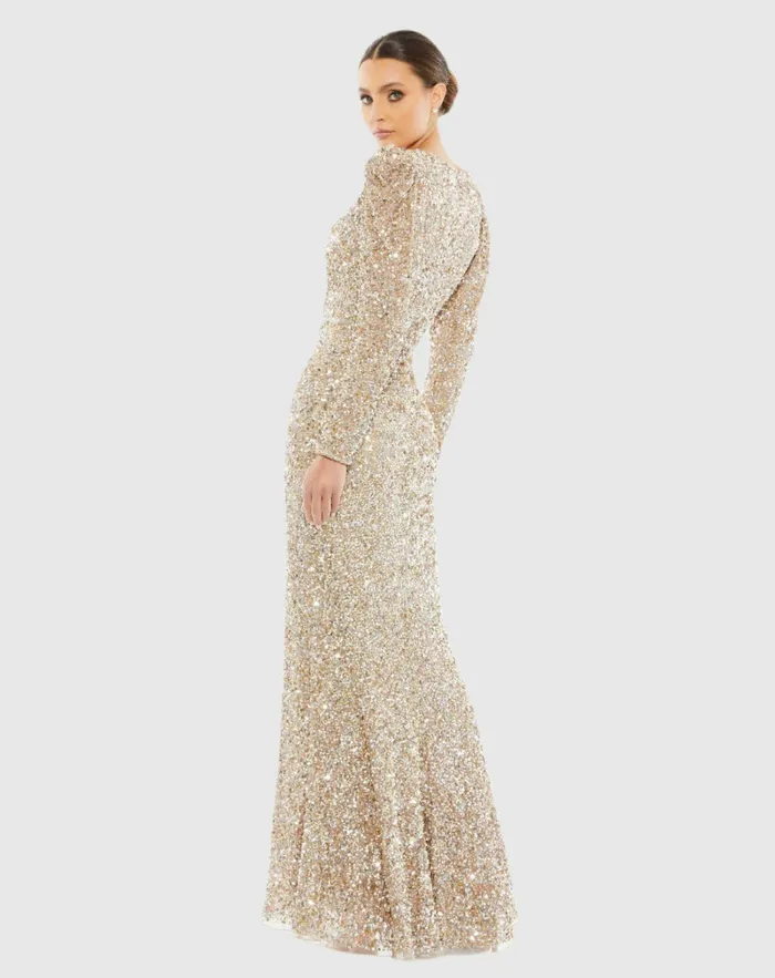 Puff Shoulder Sequined Surplice Gown Shimmering Gold Women Evening Gowns Mac Duggal
