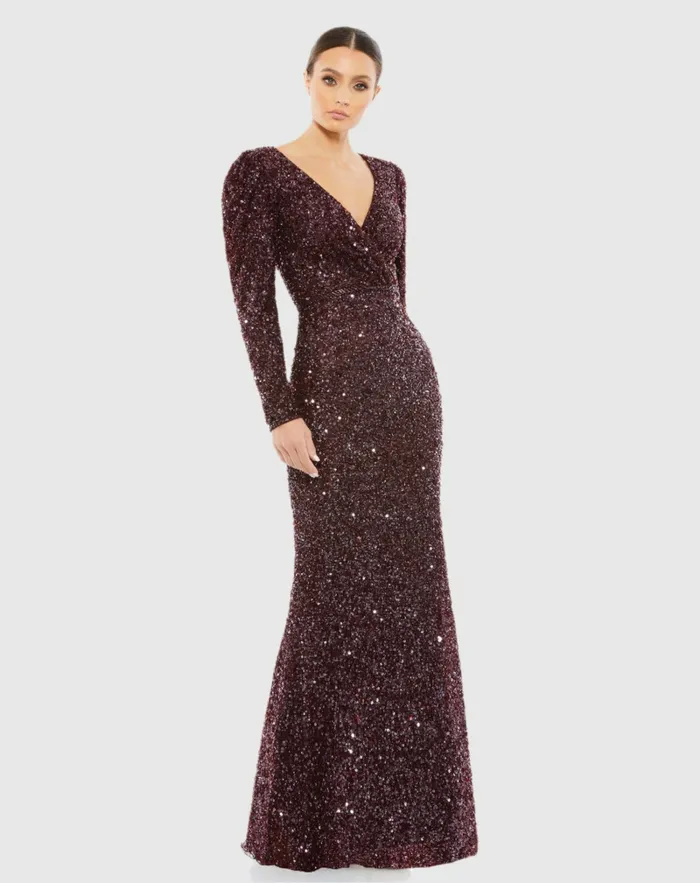 Puff Shoulder Sequined Surplice Gown Shimmering Gold Women Evening Gowns Mac Duggal