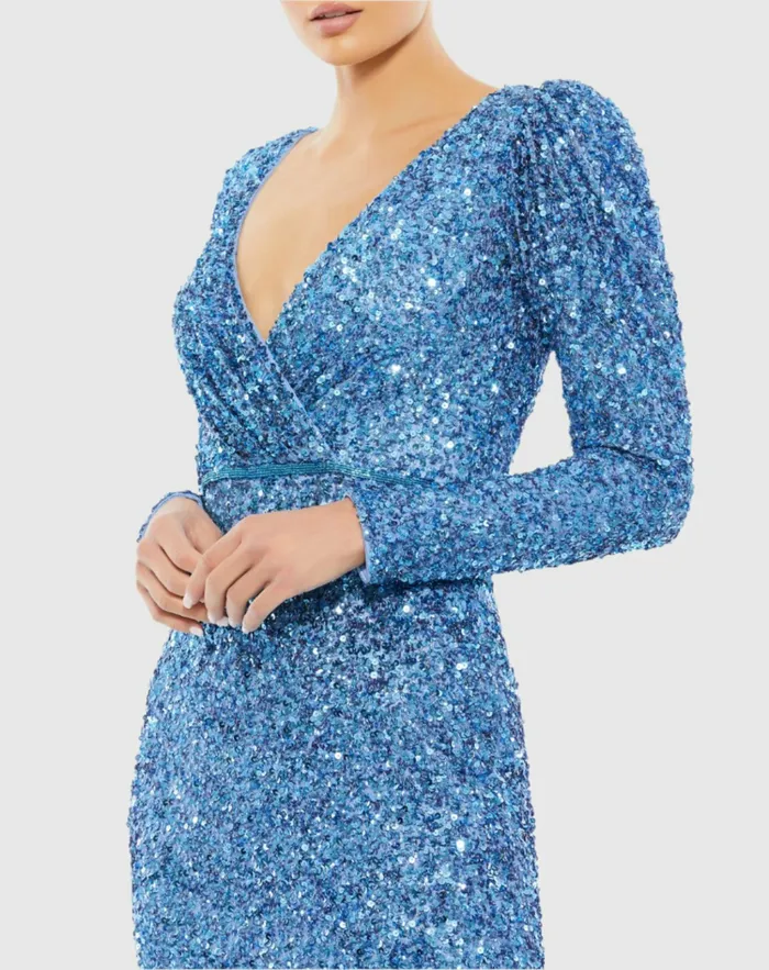 Puff Shoulder Sequined Surplice Gown Shimmering Gold Women Evening Gowns Mac Duggal