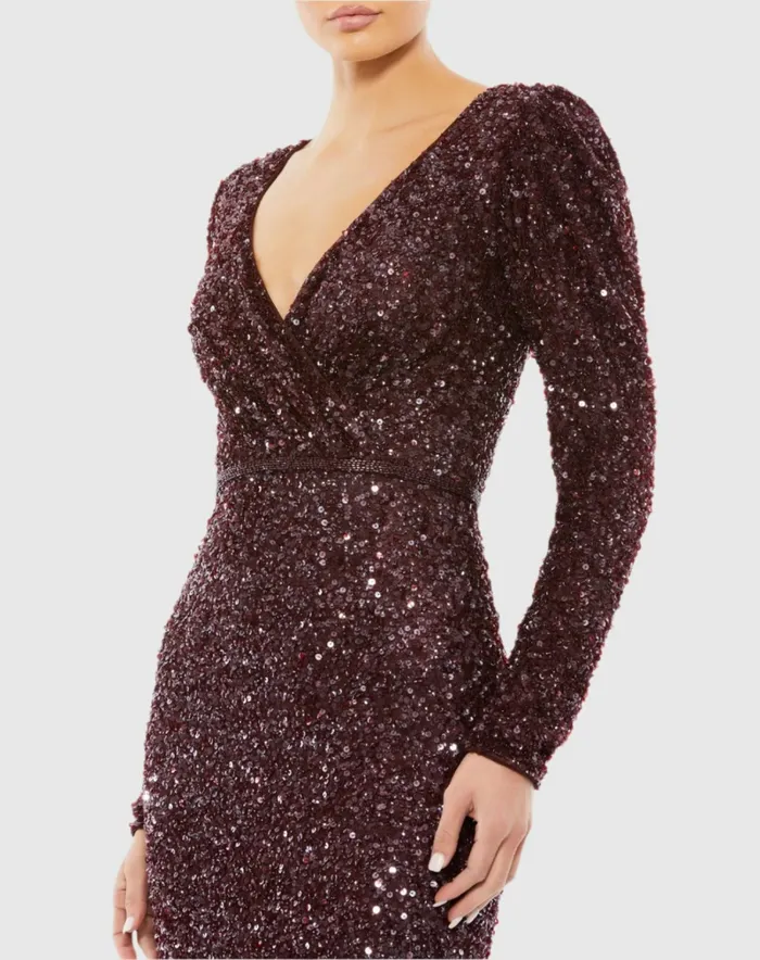 Puff Shoulder Sequined Surplice Gown Shimmering Gold Women Evening Gowns Mac Duggal
