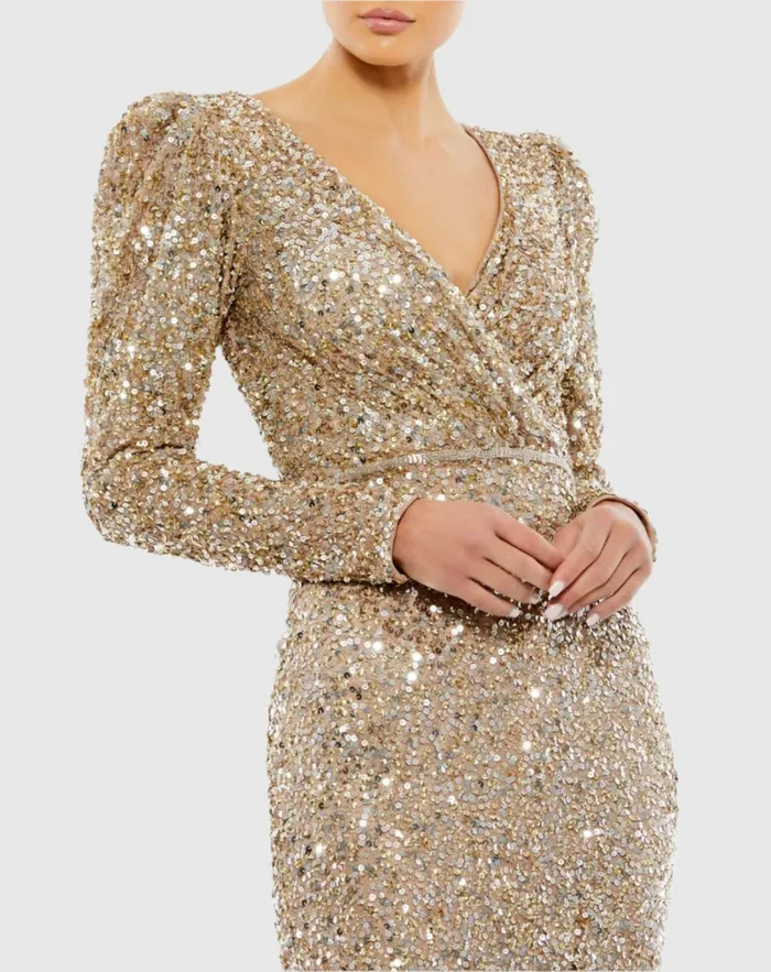 Puff Shoulder Sequined Surplice Gown Shimmering Gold Women Evening Gowns Mac Duggal