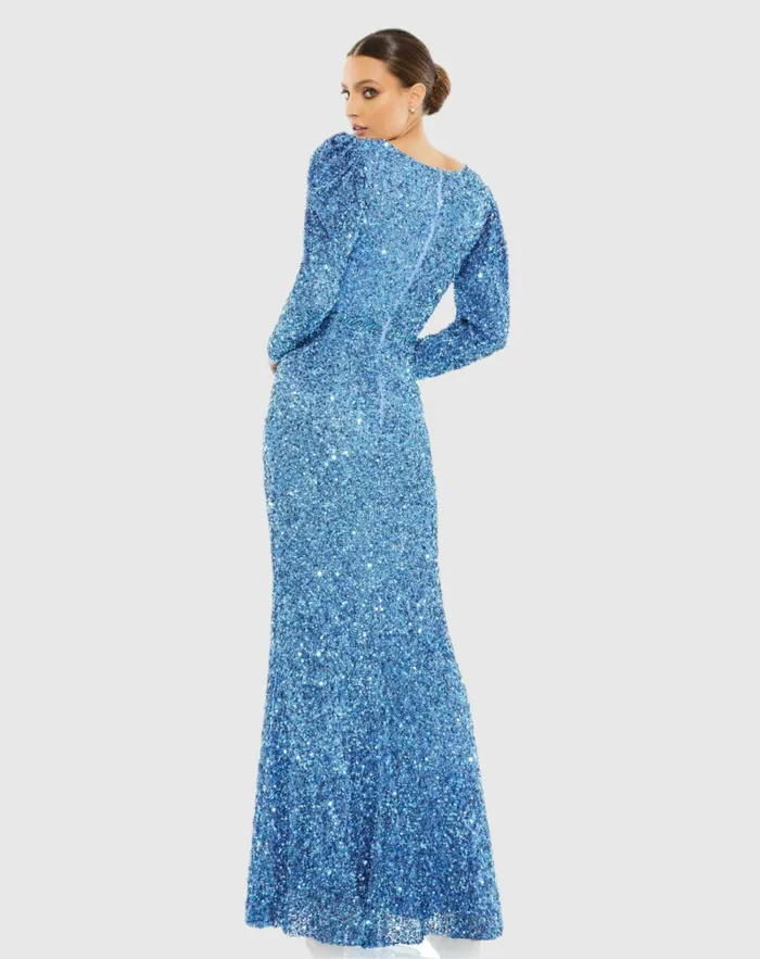 Puff Shoulder Sequined Surplice Gown Shimmering Gold Women Evening Gowns Mac Duggal