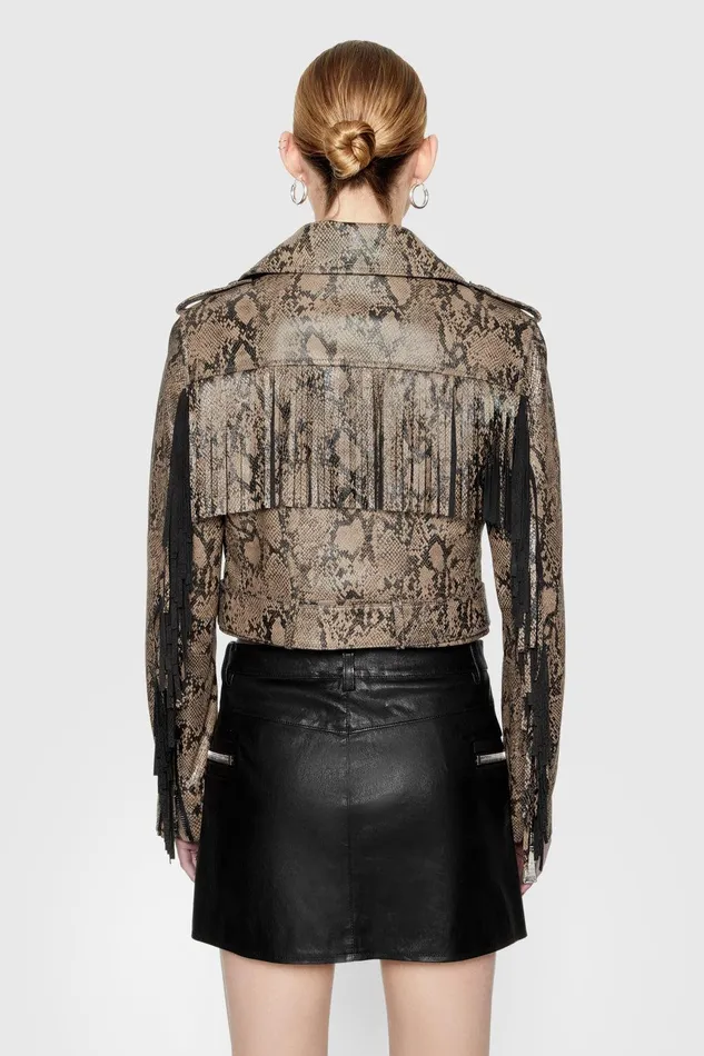 Rebecca Minkoff Janis Python Fringe Moto Python Printed Foil Women Leather