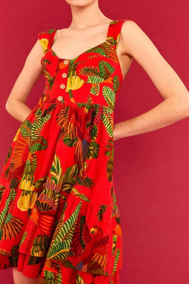 Red Forest Birds Mini Dress Women Farm Rio Mini Dresses