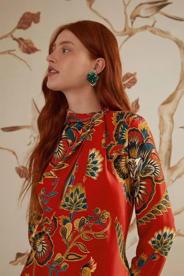 Red Maxi Floral Cutout Lenzing Ecovero Viscose Midi Dress Women Farm Rio Midi Dresses