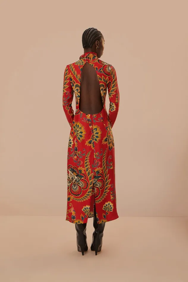 Red Maxi Floral Cutout Lenzing Ecovero Viscose Midi Dress Women Farm Rio Midi Dresses