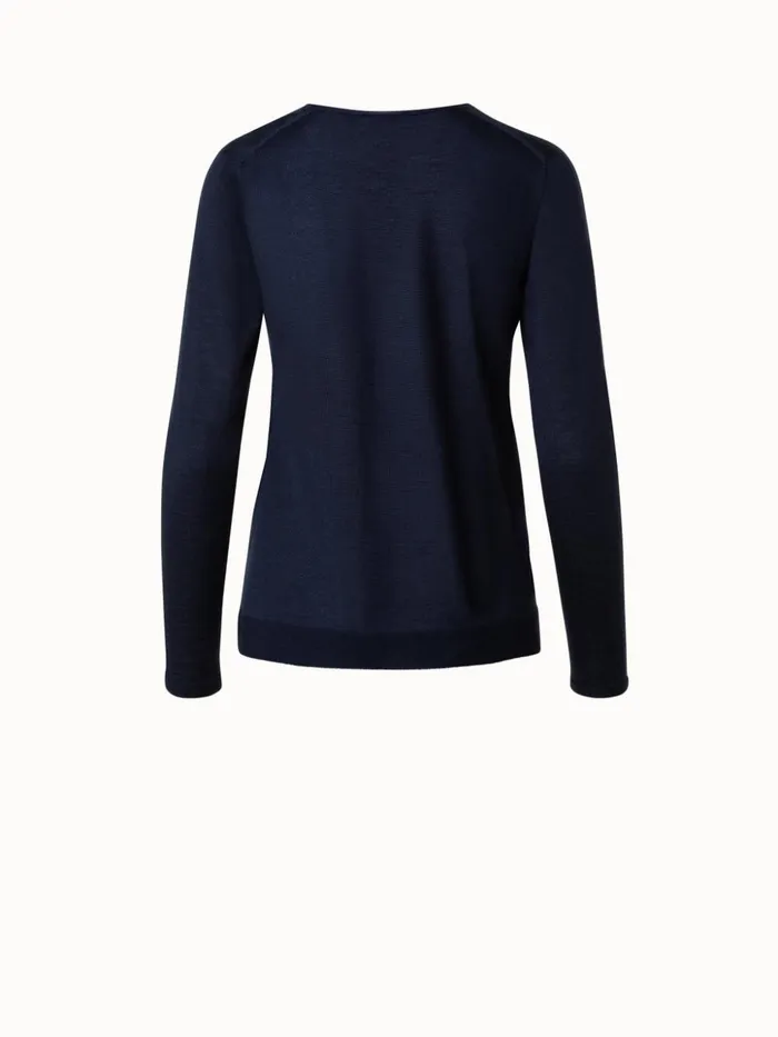 Seamless Cashmere Silk Knit VNeck Pullover Navy Women Akris Cashmere