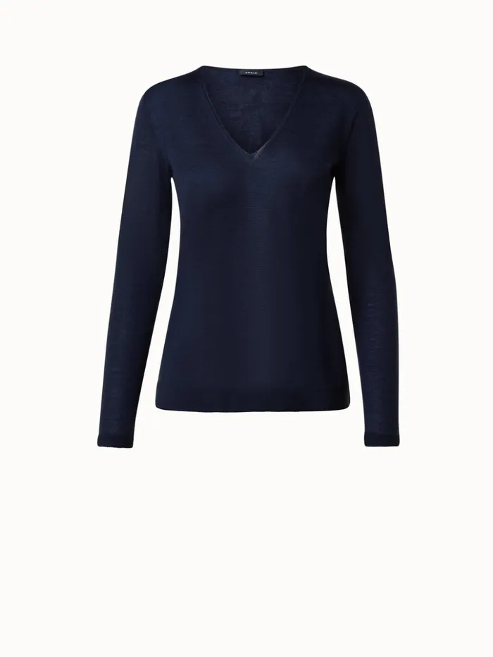 Seamless Cashmere Silk Knit VNeck Pullover Navy Women Akris Cashmere