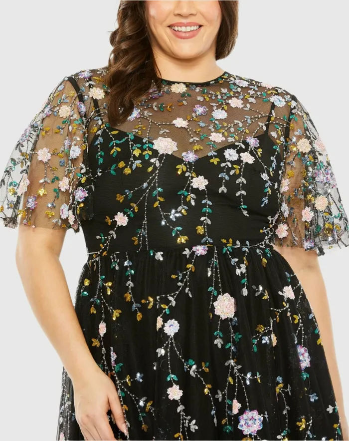 Sequin Floral Embroidered Dress Black Multi Women Plus Size Dresses Mac Duggal Sequin Floral Embroidered Dress Black Multi Women Plus Size Dresses Mac Duggal