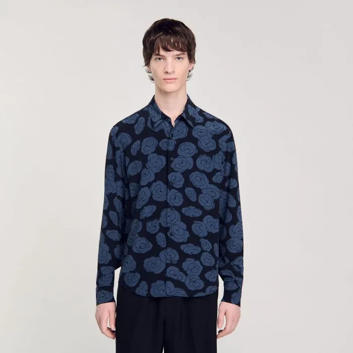 Shirts Men SANDRO Camellia Motif Shirt Black