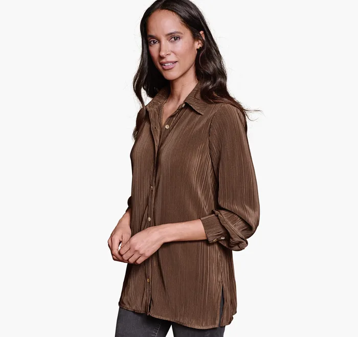 Shirts Sweaters and Blazers Women Pleated ButtonFront Shirt Brown Johnston and Murphy