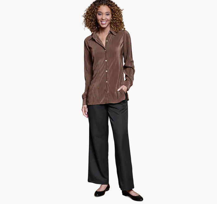 Shirts Sweaters and Blazers Women Pleated ButtonFront Shirt Brown Johnston and Murphy