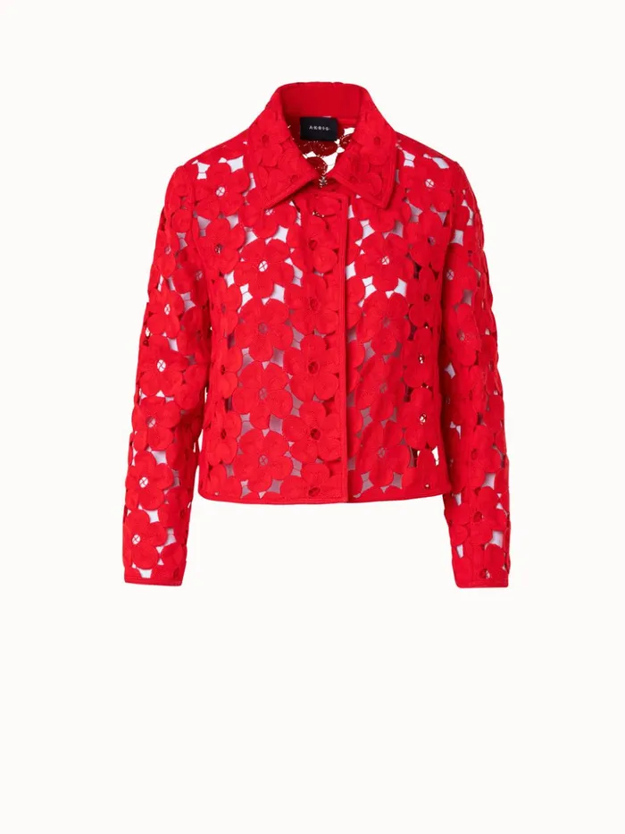 Short Silk Crpe Jacket With Anemones Embroidery Poppy Women Akris Jackets