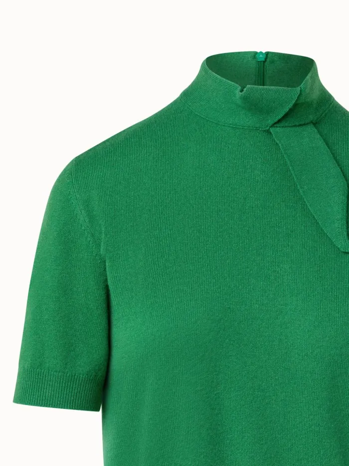Short Sleeve 100 Cashmere Top With Knot Mockneck Leaf Women Akris Knitwear