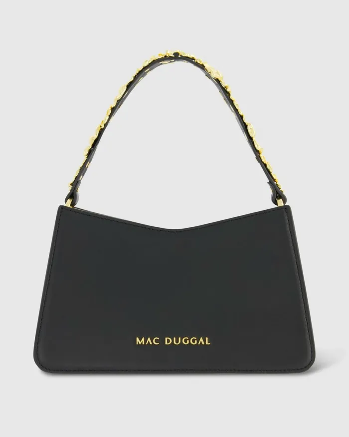 Shoulder Bags Mac Duggal Women Gold Floral Small Black Nappa Leather Shoulder Bag Black
