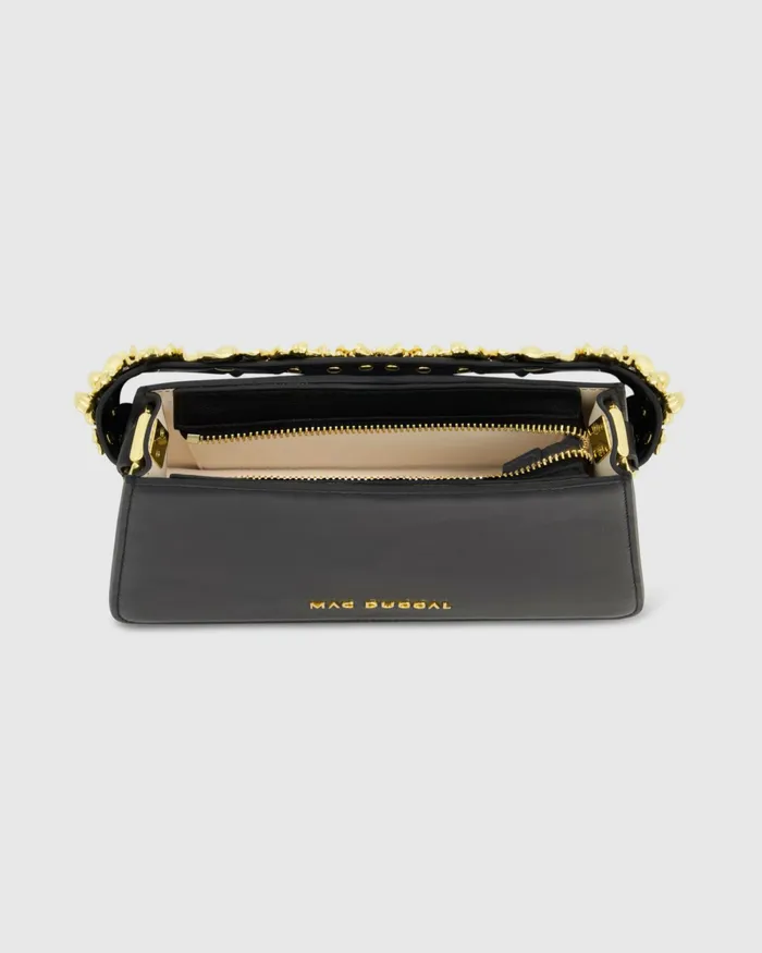 Shoulder Bags Mac Duggal Women Gold Floral Small Black Nappa Leather Shoulder Bag Black