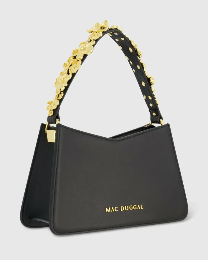 Shoulder Bags Mac Duggal Women Gold Floral Small Black Nappa Leather Shoulder Bag Black