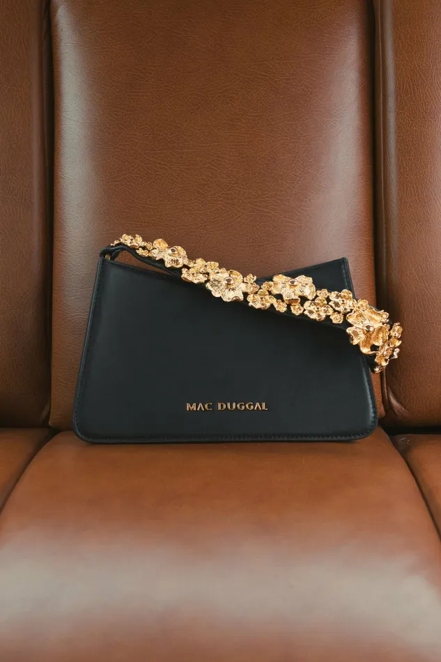 Shoulder Bags Mac Duggal Women Gold Floral Small Black Nappa Leather Shoulder Bag Black