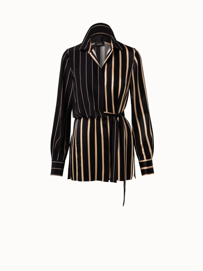Silk Crpe Tunic Blouse With Screen Stripes Print Blackcraft Women Akris Blouses
