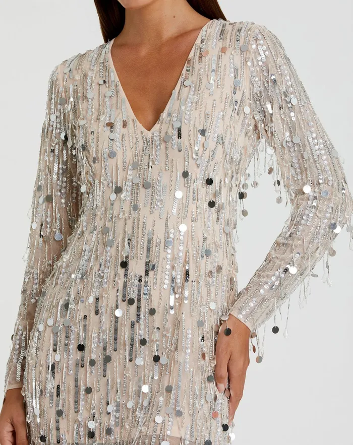 Silver Long Sleeve Beaded Fringe Plunge Neck Dress Nude Silver Cocktail Dresses Mac Duggal Women