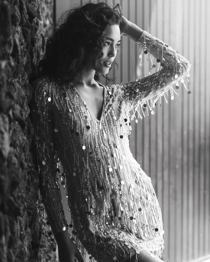 Silver Long Sleeve Beaded Fringe Plunge Neck Dress Nude Silver Cocktail Dresses Mac Duggal Women