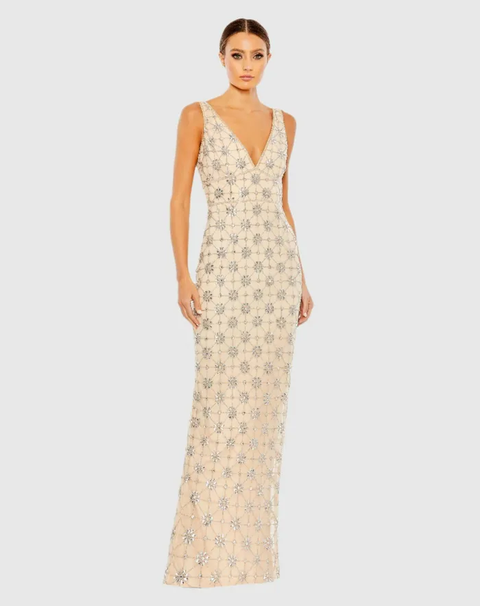 Sleeveless Hand Beaded VNeck Gown Nude Silver Women Evening Gowns Mac Duggal