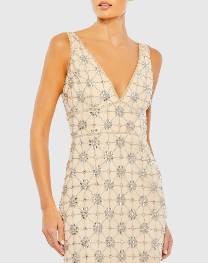 Sleeveless Hand Beaded VNeck Gown Nude Silver Women Evening Gowns Mac Duggal