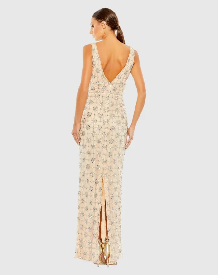 Sleeveless Hand Beaded VNeck Gown Nude Silver Women Evening Gowns Mac Duggal
