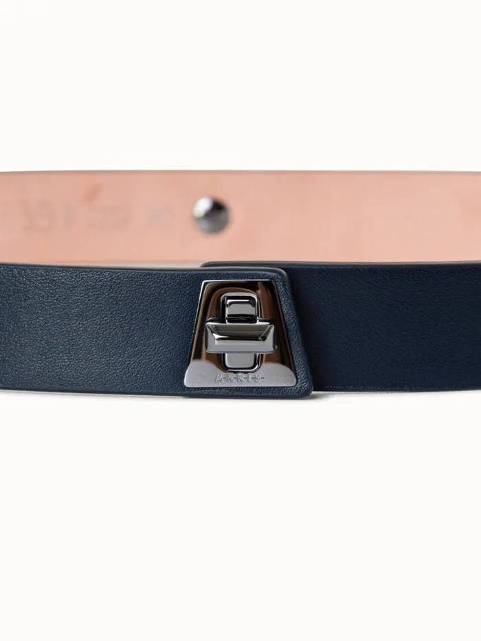 Slim Leather Belt With Trapezoid Turn Lock Closure Navy Women Akris Belts