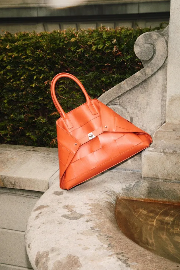 Small Leather Crossbody Handbag With Braided Trapezoids Orange Women Akris Crossbody Bags