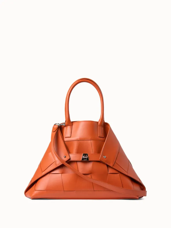 Small Leather Crossbody Handbag With Braided Trapezoids Orange Women Akris Crossbody Bags