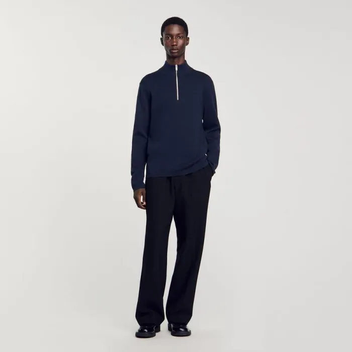 Sweaters and Cardigans Men SANDRO Wool Sweater With Zipped Collar Blue Prusse