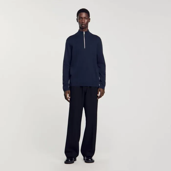 Sweaters and Cardigans Men SANDRO Wool Sweater With Zipped Collar Blue Prusse