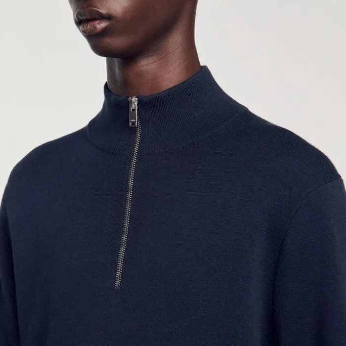 Sweaters and Cardigans Men SANDRO Wool Sweater With Zipped Collar Blue Prusse