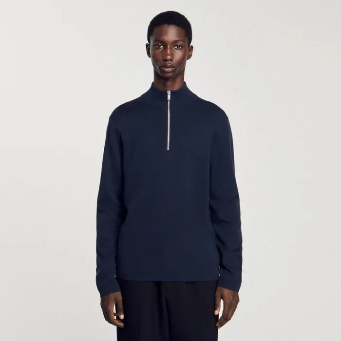 Sweaters and Cardigans Men SANDRO Wool Sweater With Zipped Collar Blue Prusse