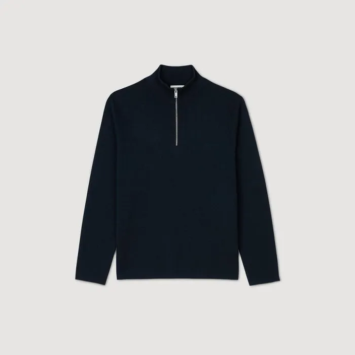 Sweaters and Cardigans Men SANDRO Wool Sweater With Zipped Collar Blue Prusse