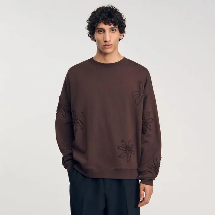 Sweatshirts and Hoodies Men SANDRO Oversized Floral Sweatshirt Chocolate