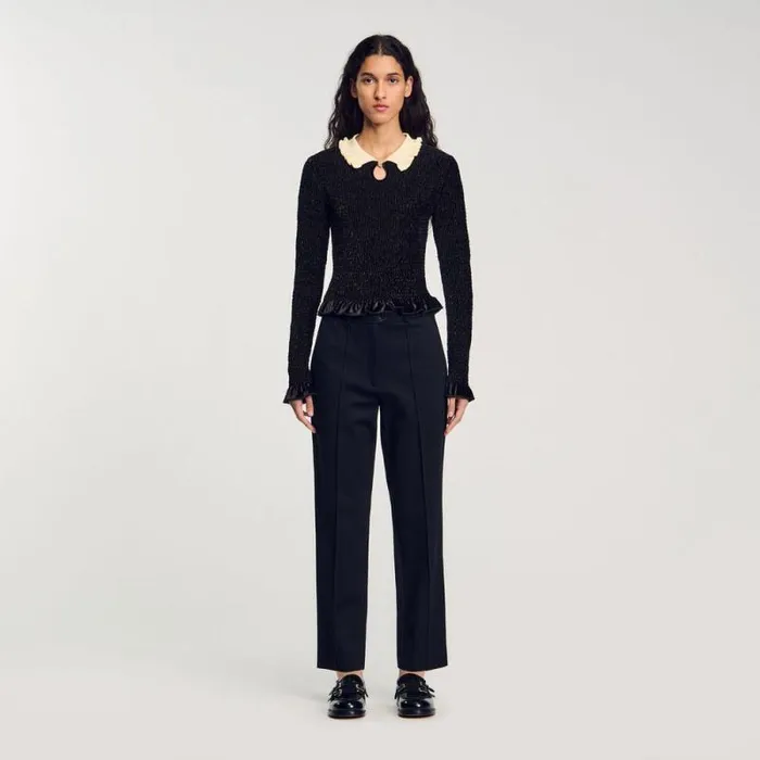 Tshirts Women SANDRO Smocked Top With Contrasting Neck Black