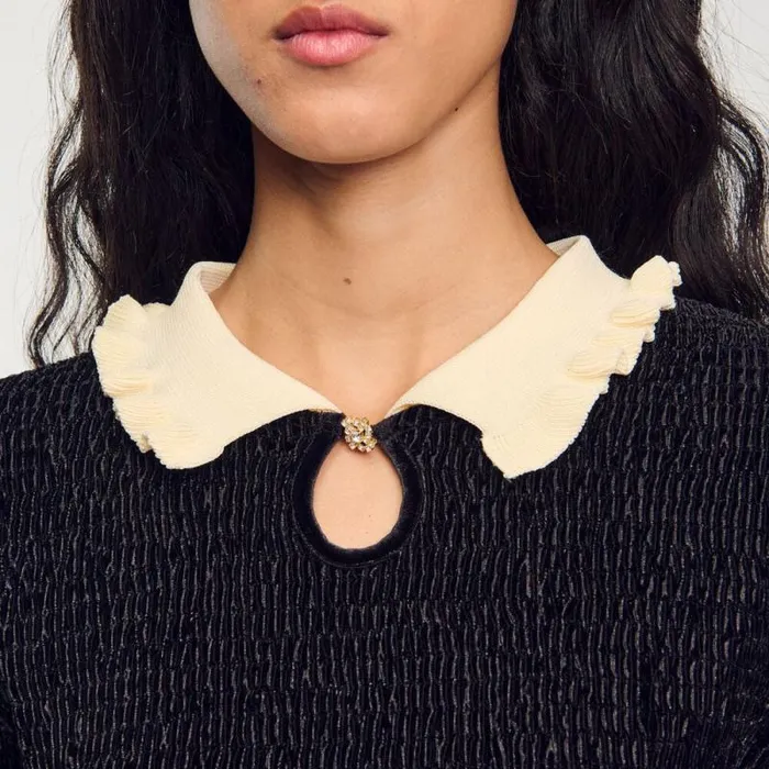 Tshirts Women SANDRO Smocked Top With Contrasting Neck Black