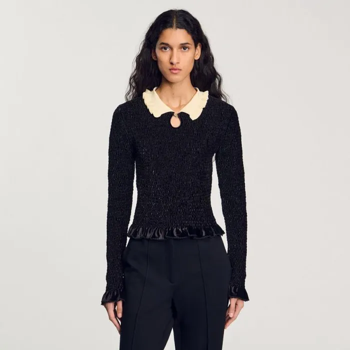 Tshirts Women SANDRO Smocked Top With Contrasting Neck Black