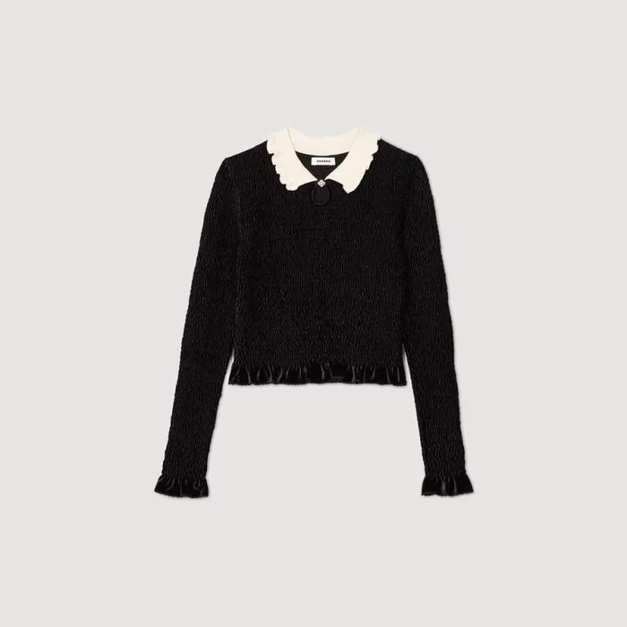 Tshirts Women SANDRO Smocked Top With Contrasting Neck Black