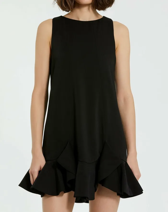 The Mia High Neck Sleeveless Crepe Mini Dress With Ruffle Hem Black Every Day Dresses Mac Duggal Women