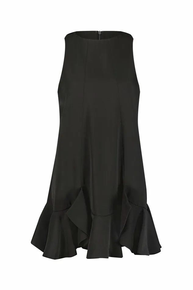 The Mia High Neck Sleeveless Crepe Mini Dress With Ruffle Hem Black Every Day Dresses Mac Duggal Women